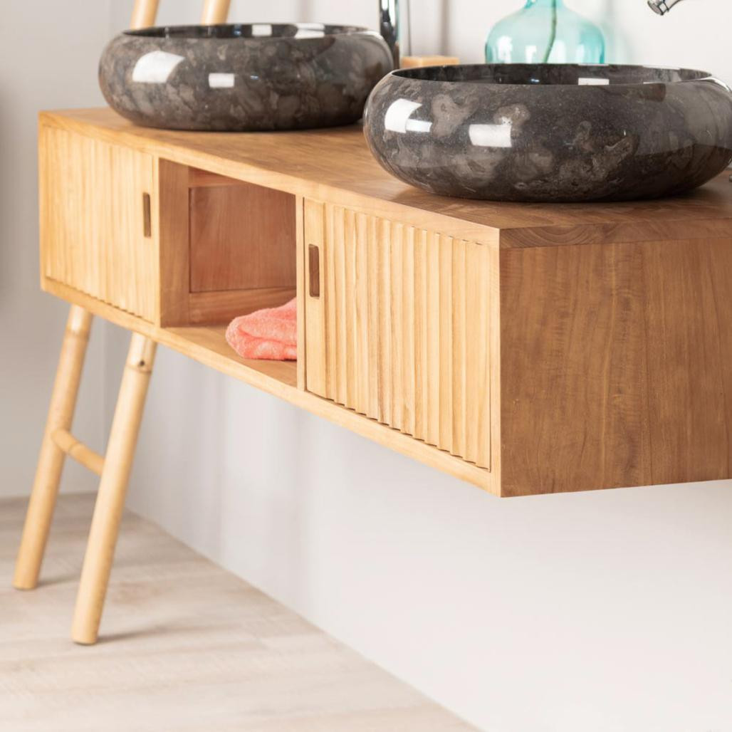 Mueble de cuarto de baño suspendido para lavabo doble de teca Mya 145 cm