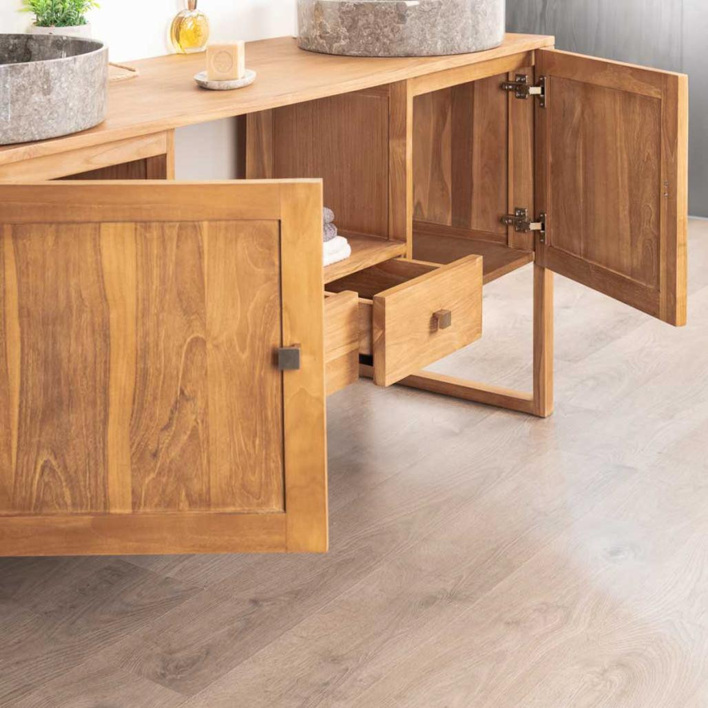 Mueble de teca maciza para lavabo doble Théa 165 cm Mueble de teca maciza para lavabo doble Théa 165 cm