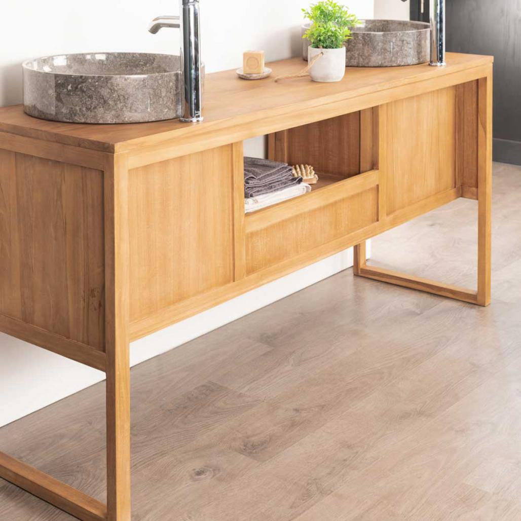 Mueble de teca maciza para lavabo doble Théa 165 cm Mueble de teca maciza para lavabo doble Théa 165 cm
