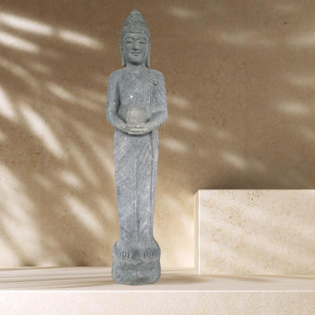 Estatua de piedra volcànica buda de pie bol ofrenda 150 cm