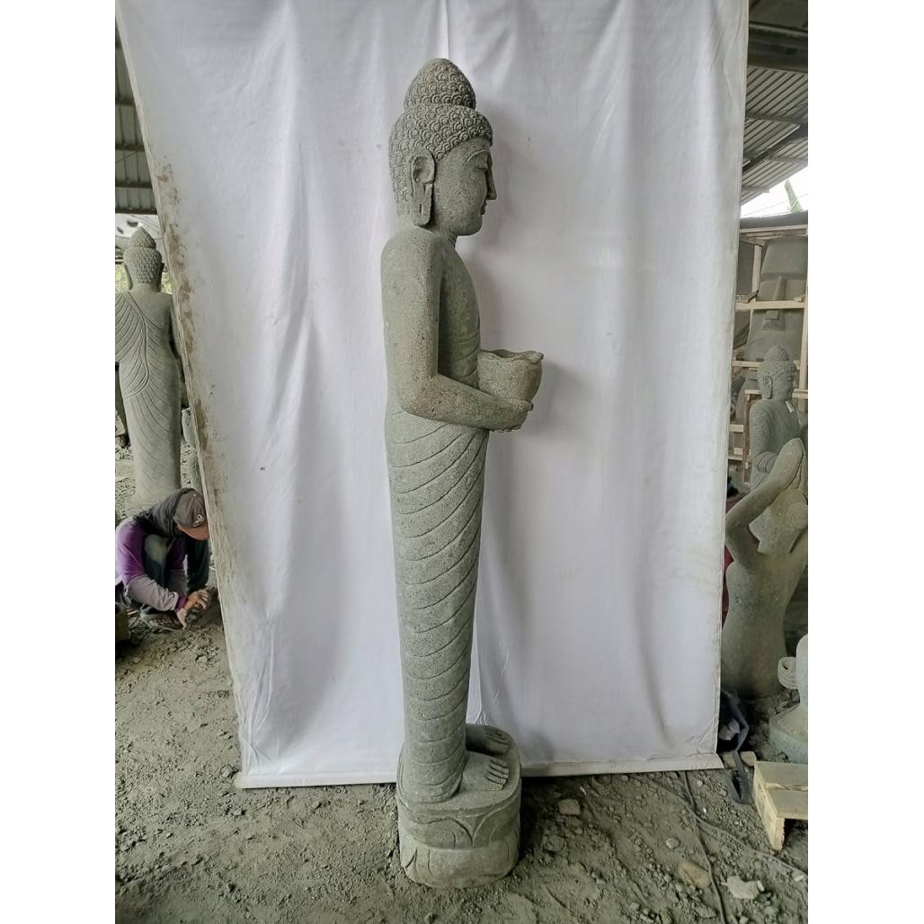 Estatua de piedra volcànica buda de pie bol ofrenda 150 cm Estatua de piedra volcànica buda de pie bol ofrenda 150 cm