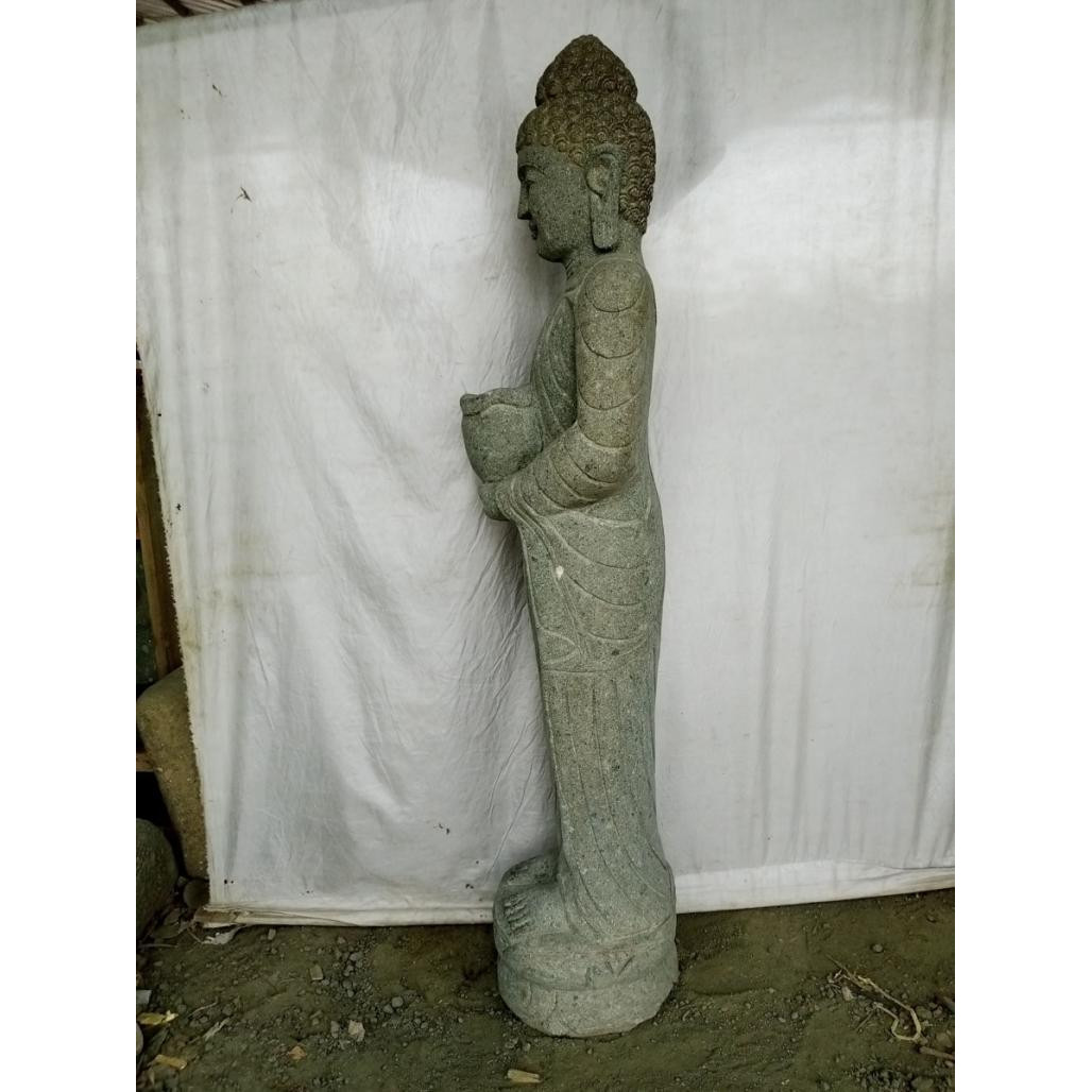 Estatua de piedra volcànica buda de pie bol ofrenda 150 cm Estatua de piedra volcànica buda de pie bol ofrenda 150 cm