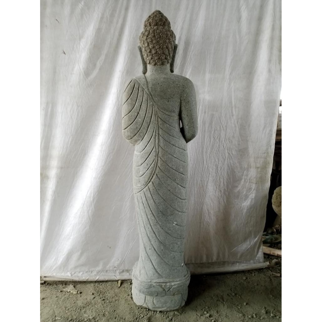 Estatua de piedra volcànica buda de pie bol ofrenda 150 cm Estatua de piedra volcànica buda de pie bol ofrenda 150 cm
