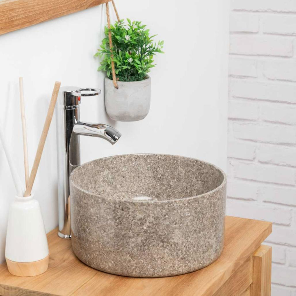 Lavabo redondo de mármol para cuarto de baño Ulysse 30 cm gris