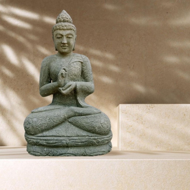 Estatua exterior de buda sentado zen de piedra volcànica posición chakra 1,20 m