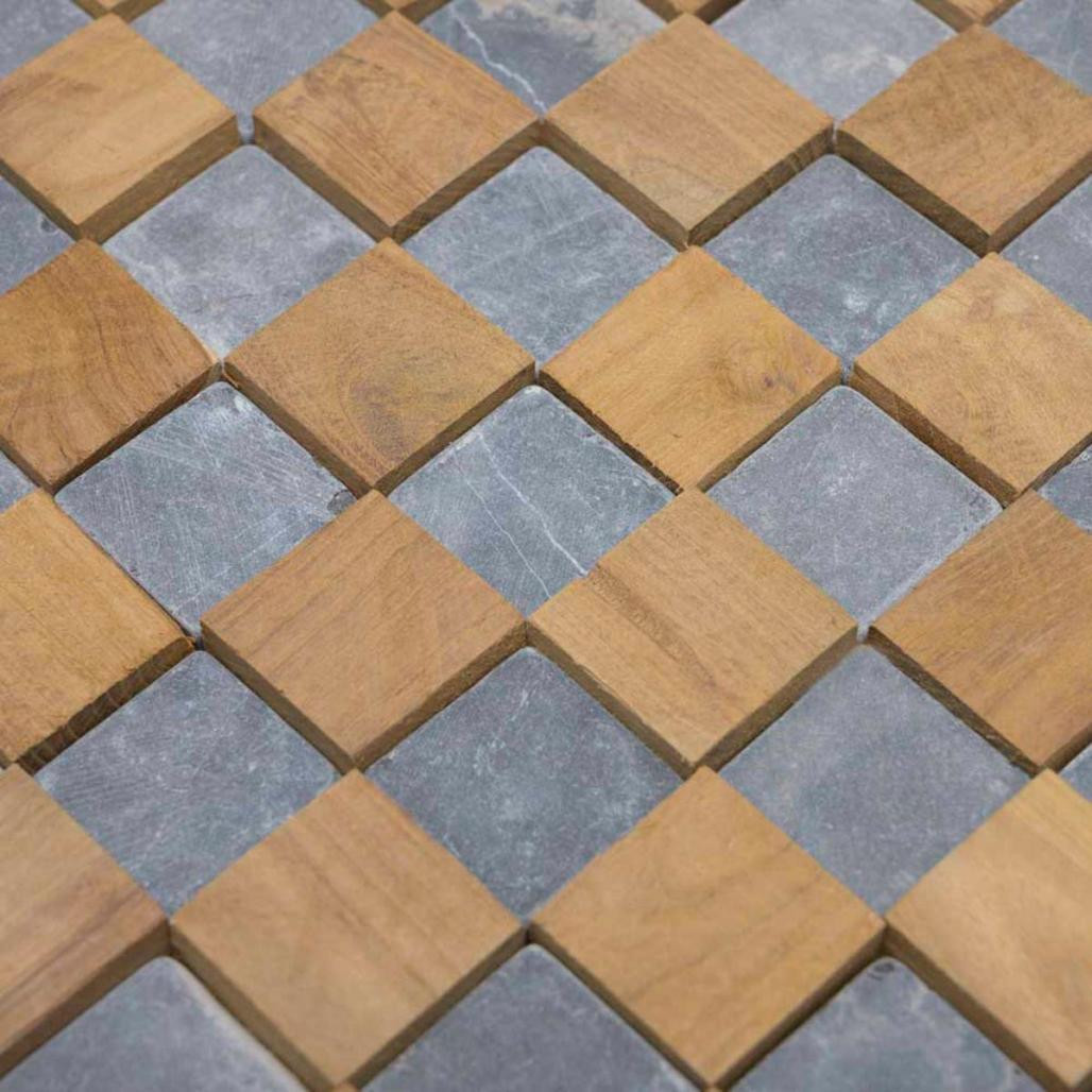 Revestimiento de pared de piedra y teca cuadrada gris 55x20 cm Revestimiento de pared de piedra y teca cuadrada gris 55x20 cm