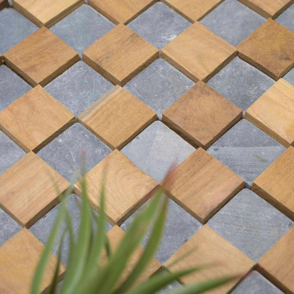 Revestimiento de pared de piedra y teca cuadrada gris 55x20 cm Revestimiento de pared de piedra y teca cuadrada gris 55x20 cm