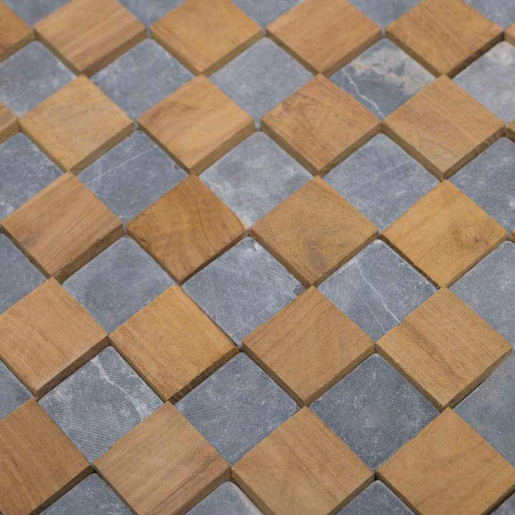 Revestimiento de pared de piedra y teca cuadrada gris 55x20 cm Revestimiento de pared de piedra y teca cuadrada gris 55x20 cm