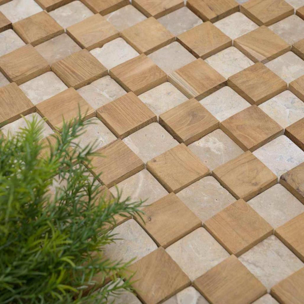 Revestimiento pared cuadrado piedra y teca beige 55x20 cm Revestimiento pared cuadrado piedra y teca beige 55x20 cm