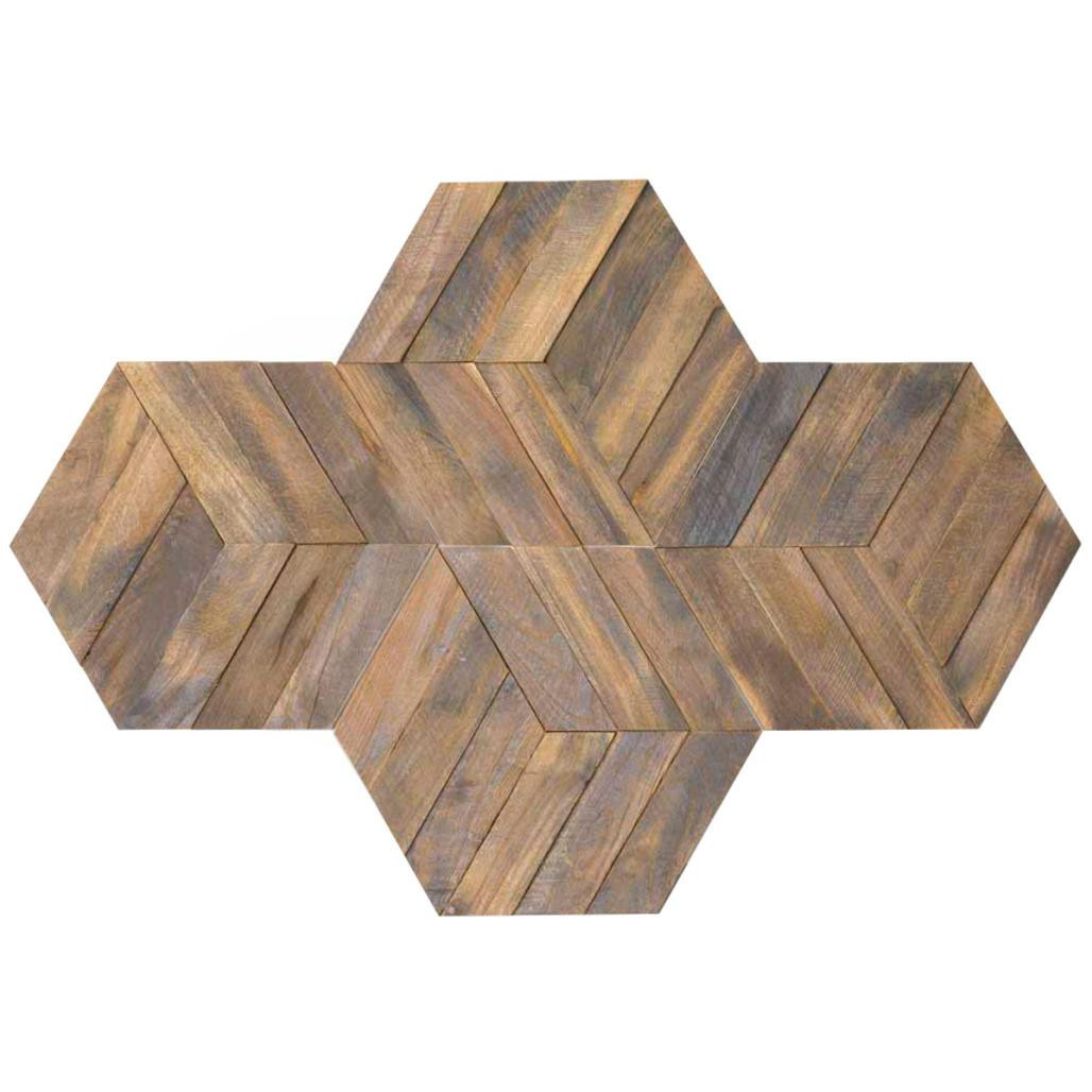 Revestimiento de teca reciclada patinada natural hexagonal placas 28x24 cm Revestimiento de teca reciclada patinada natural hexagonal placas 28x24 cm
