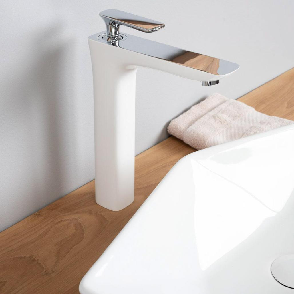 Grifo elevado para lavabo de cuarto de baño Glomma blanco y cromado
