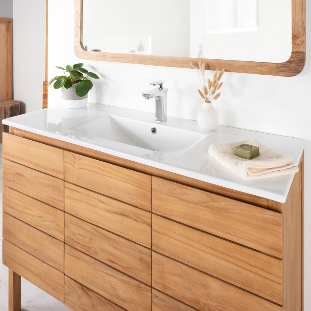 Meuble salle de bain en teck massif et céramique solo Ananta 120 cm