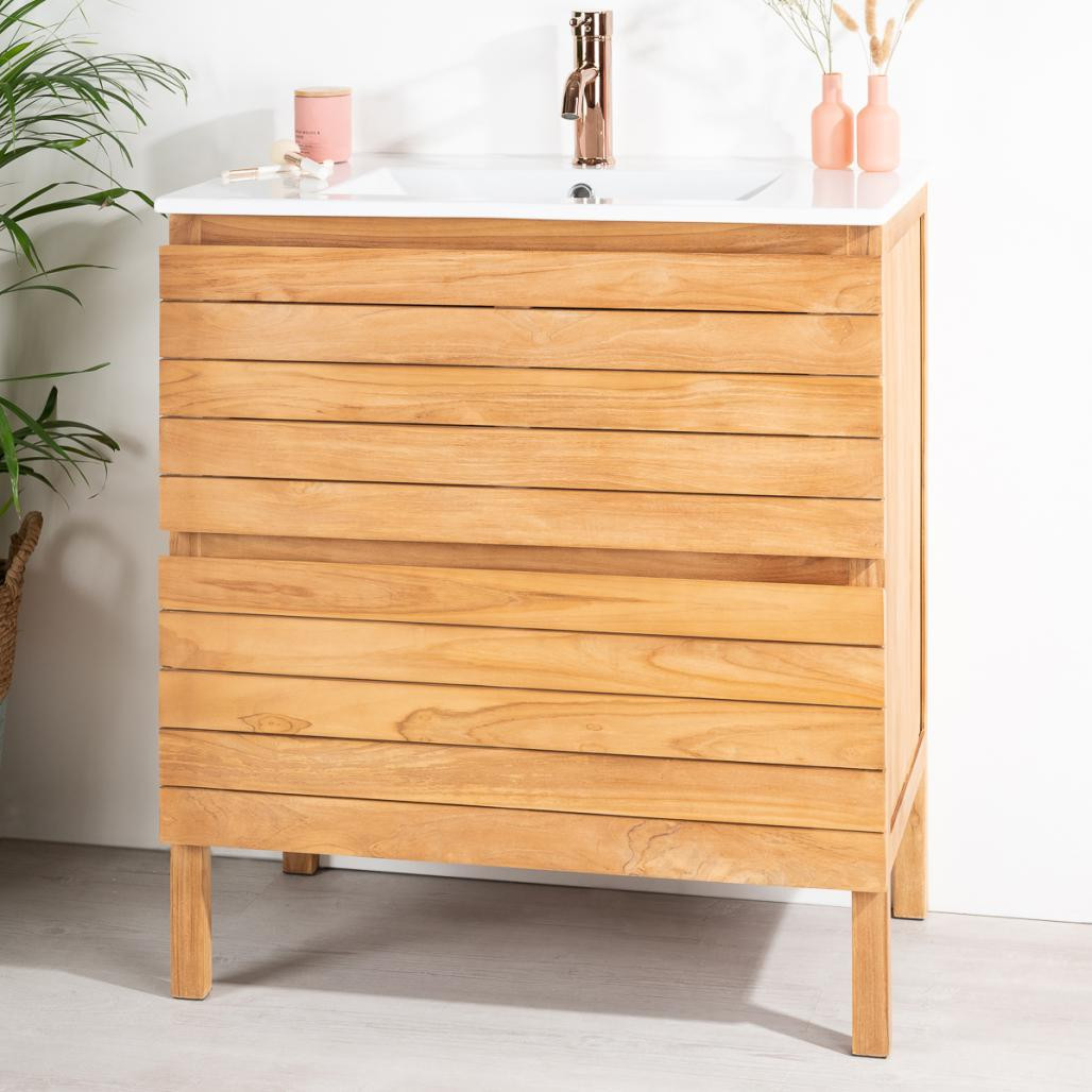 Meuble salle de bain en teck et céramique Toni 80 cm