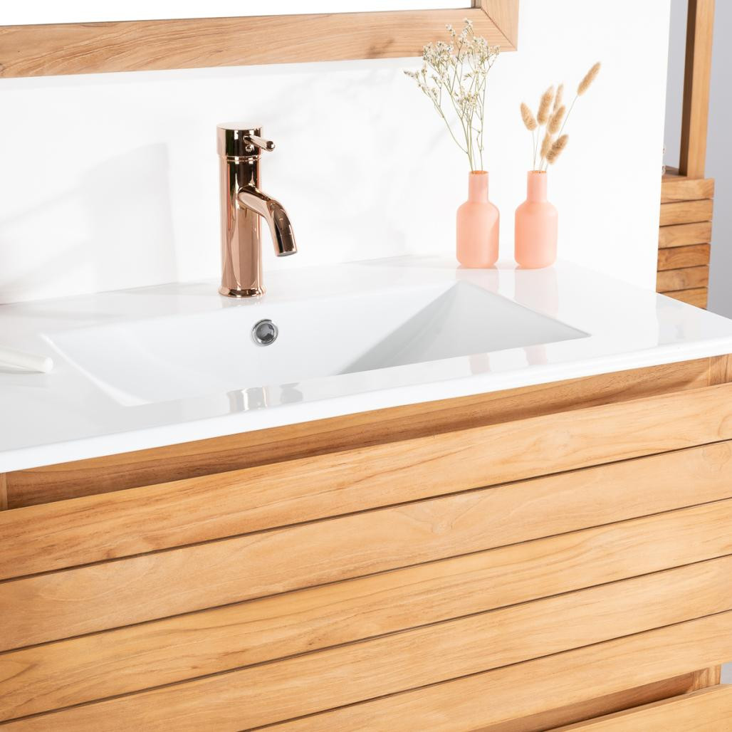 Meuble salle de bain en teck et céramique Toni 80 cm