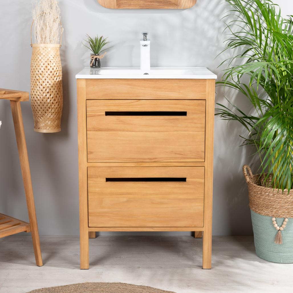Meuble salle de bain en teck et céramique Sira 60 cm