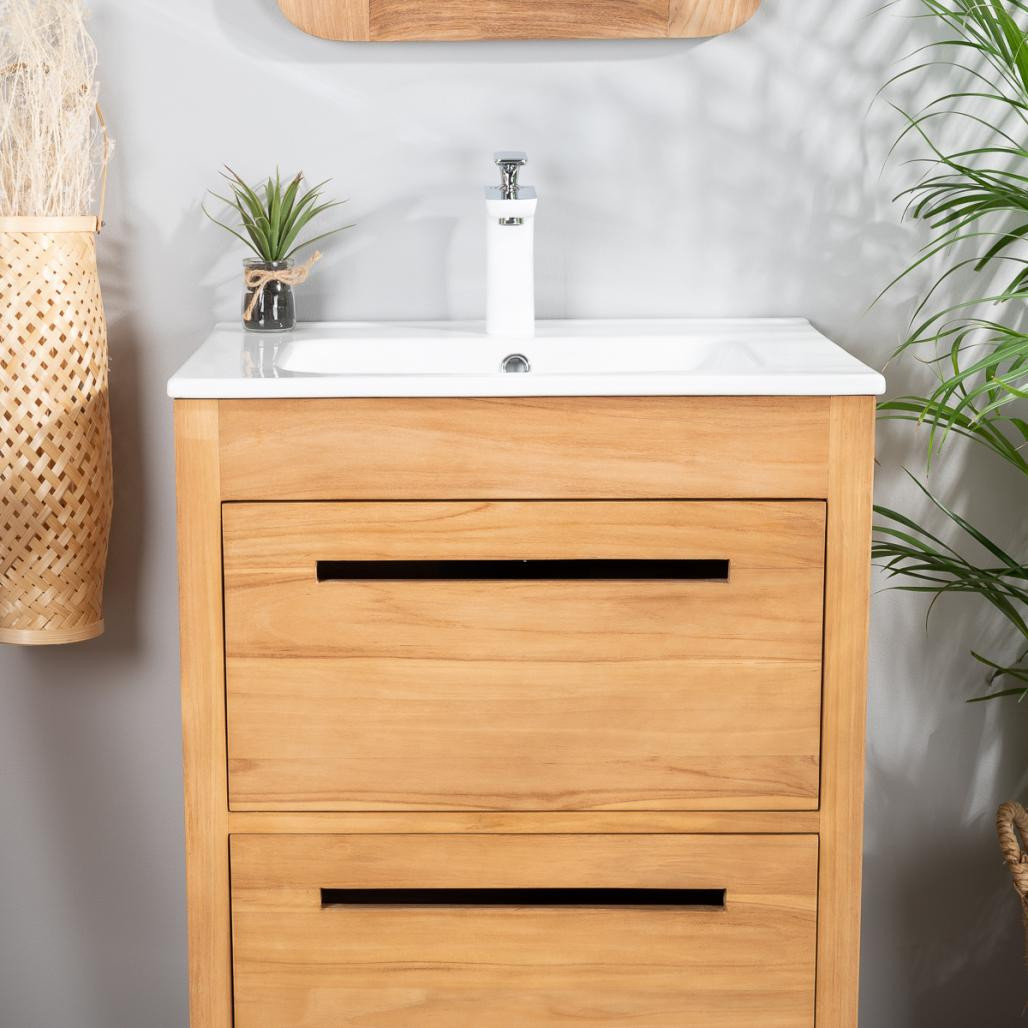 Meuble salle de bain en teck et céramique Sira 60 cm
