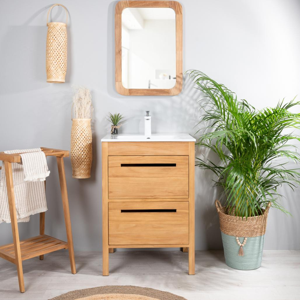 Meuble salle de bain en teck et céramique Sira 60 cm