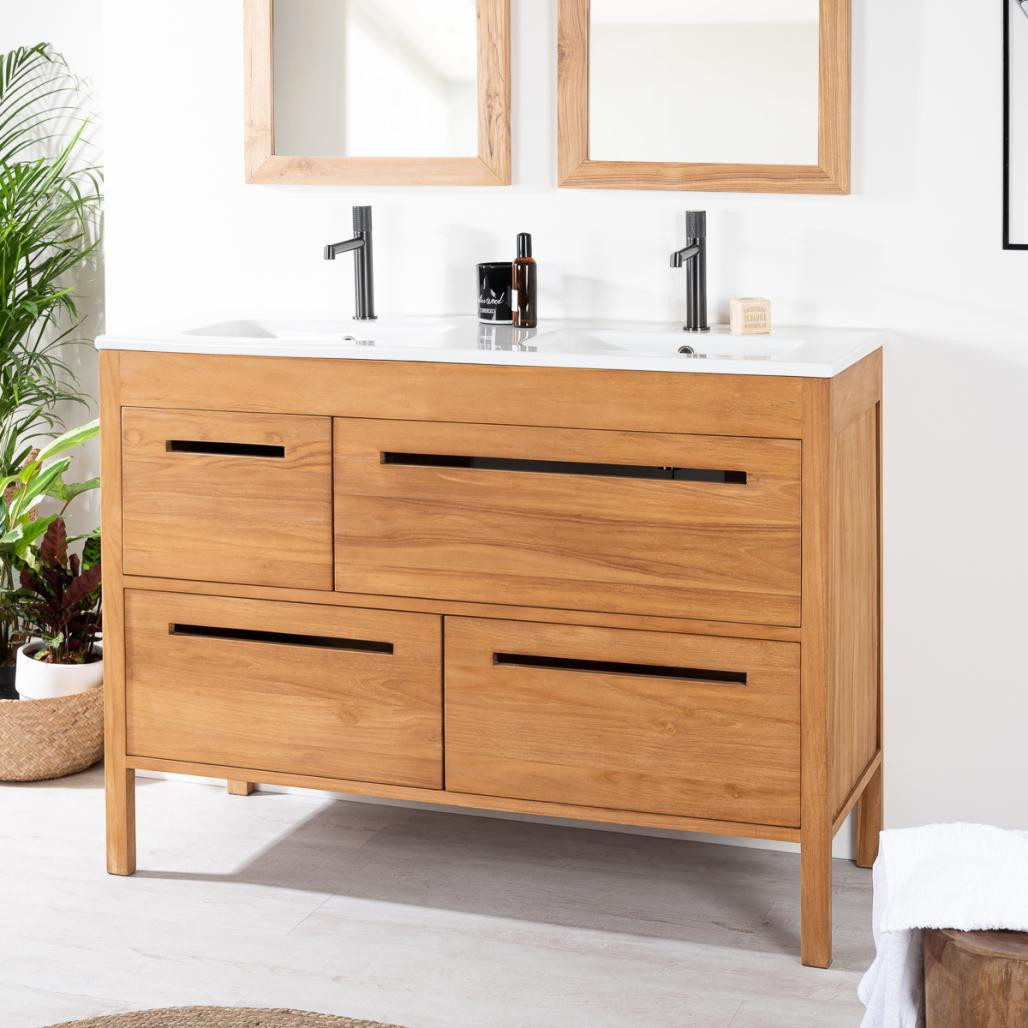 Meuble salle de bain en teck massif et céramique Sira 120 cm