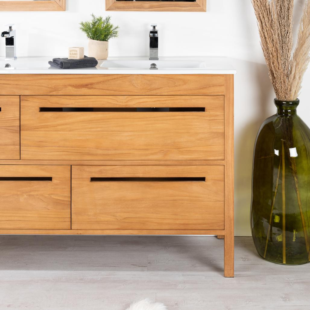 Meuble salle de bain en teck massif et céramique Sira 140 cm Meuble salle de bain en teck massif et céramique Sira 140 cm