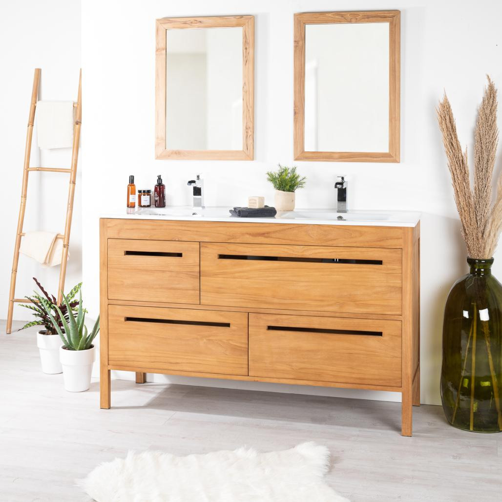 Meuble salle de bain en teck massif et céramique Sira 140 cm Meuble salle de bain en teck massif et céramique Sira 140 cm