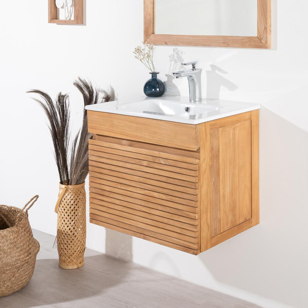 Meuble salle de bain en teck et céramique Aktual 60 cm