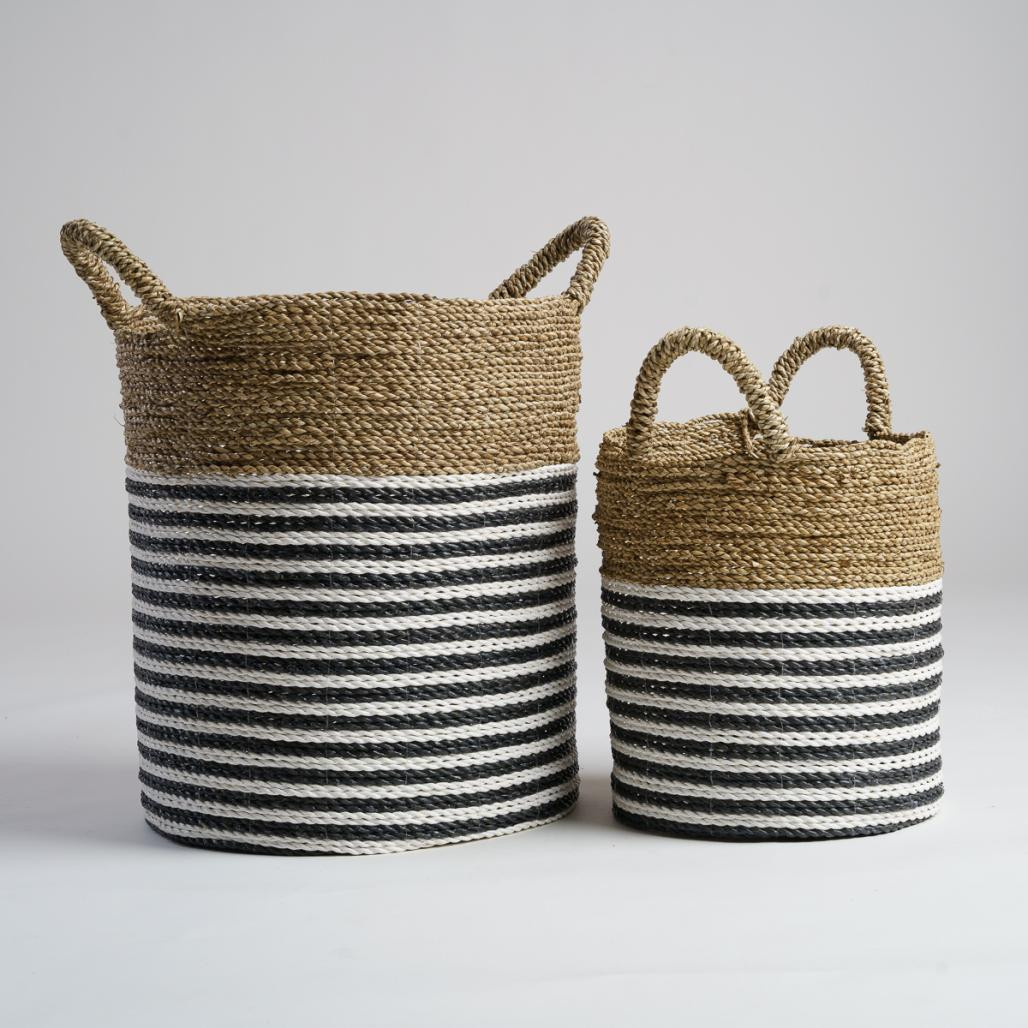Cesta en junco de mar blanco y negro L Pika Cesta en junco de mar blanco y negro L Pika
