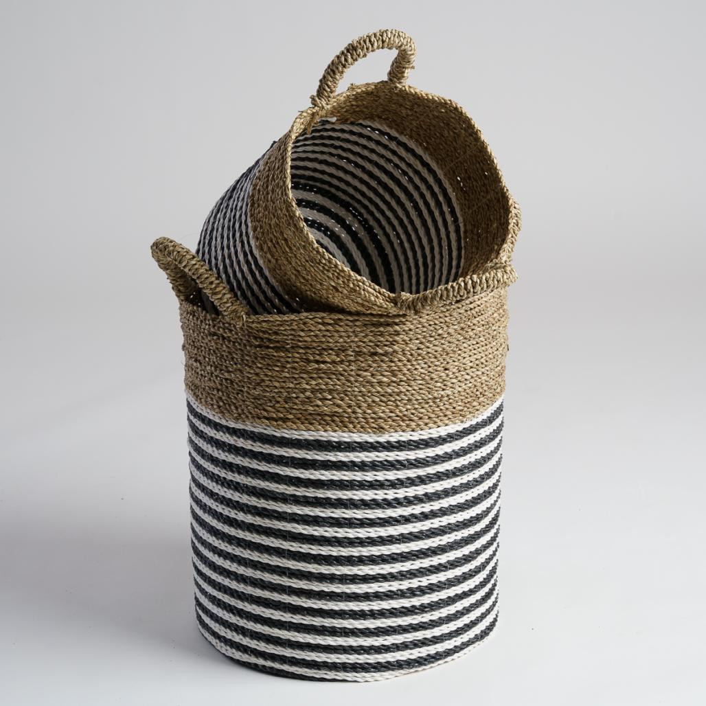 Lot de 2 paniers en jonc de mer noir et blanc L-S Pika Lot de 2 paniers en jonc de mer noir et blanc L-S Pika