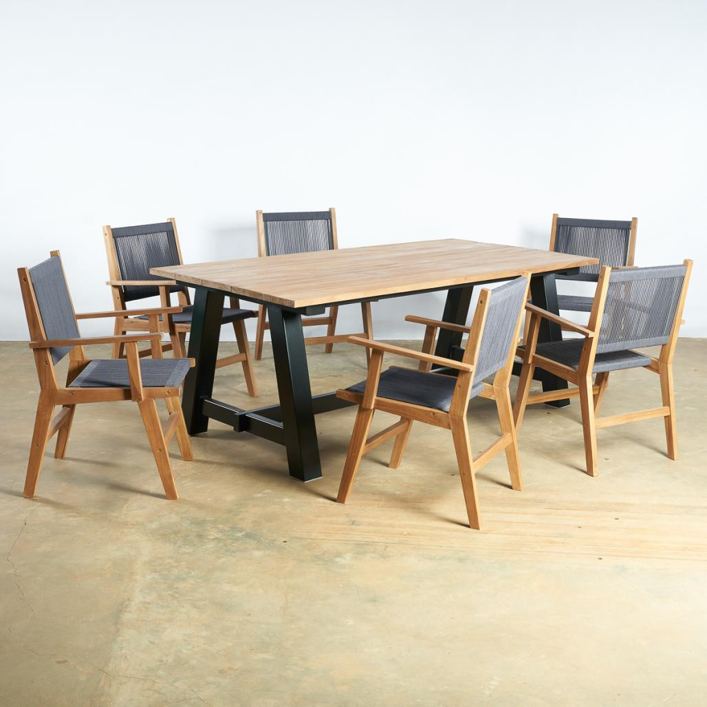 Ensemble table de jardin en teck et 6 fauteuils dark grey