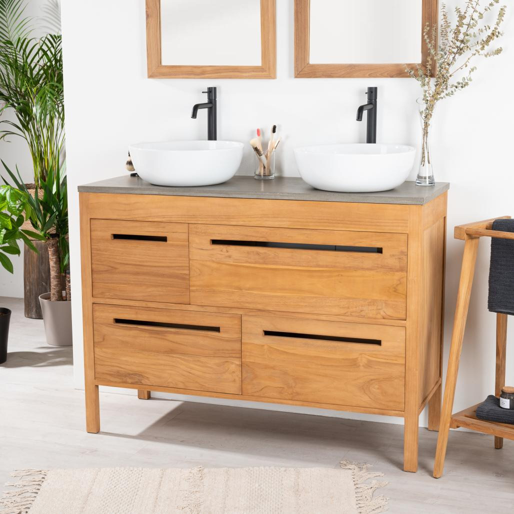 Meuble salle de bain en teck massif et béton Sira 120 cm