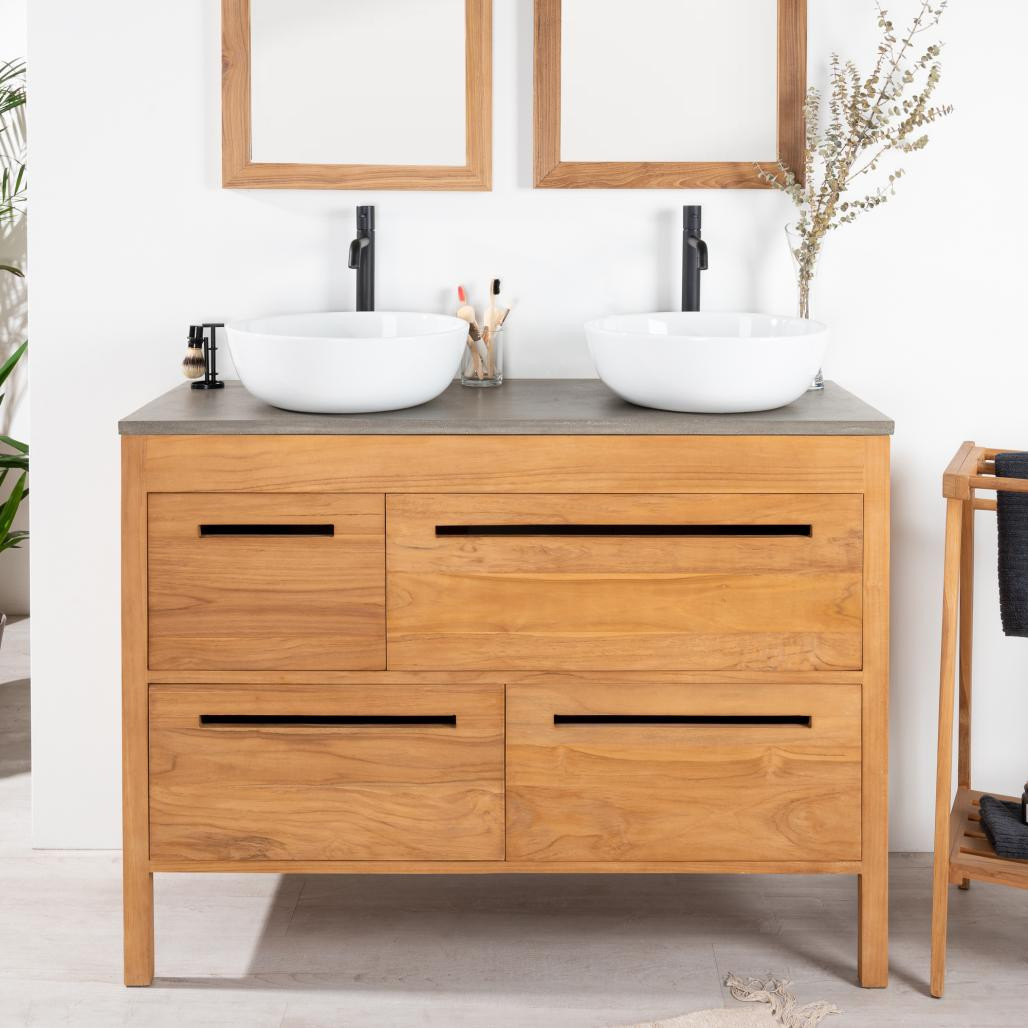 Meuble salle de bain en teck massif et béton Sira 120 cm