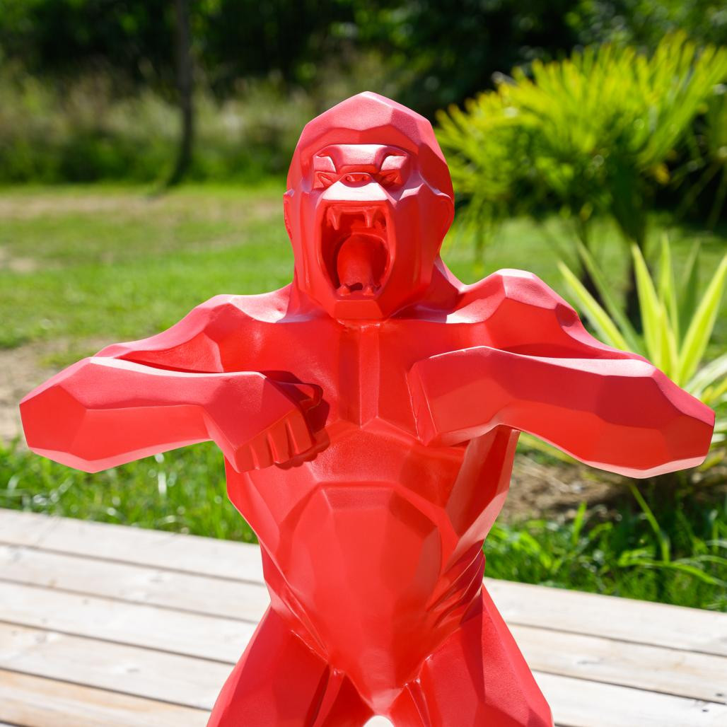 Estatua jardàn de gorila origami rojo de 80 cm Estatua jardàn de gorila origami rojo de 80 cm