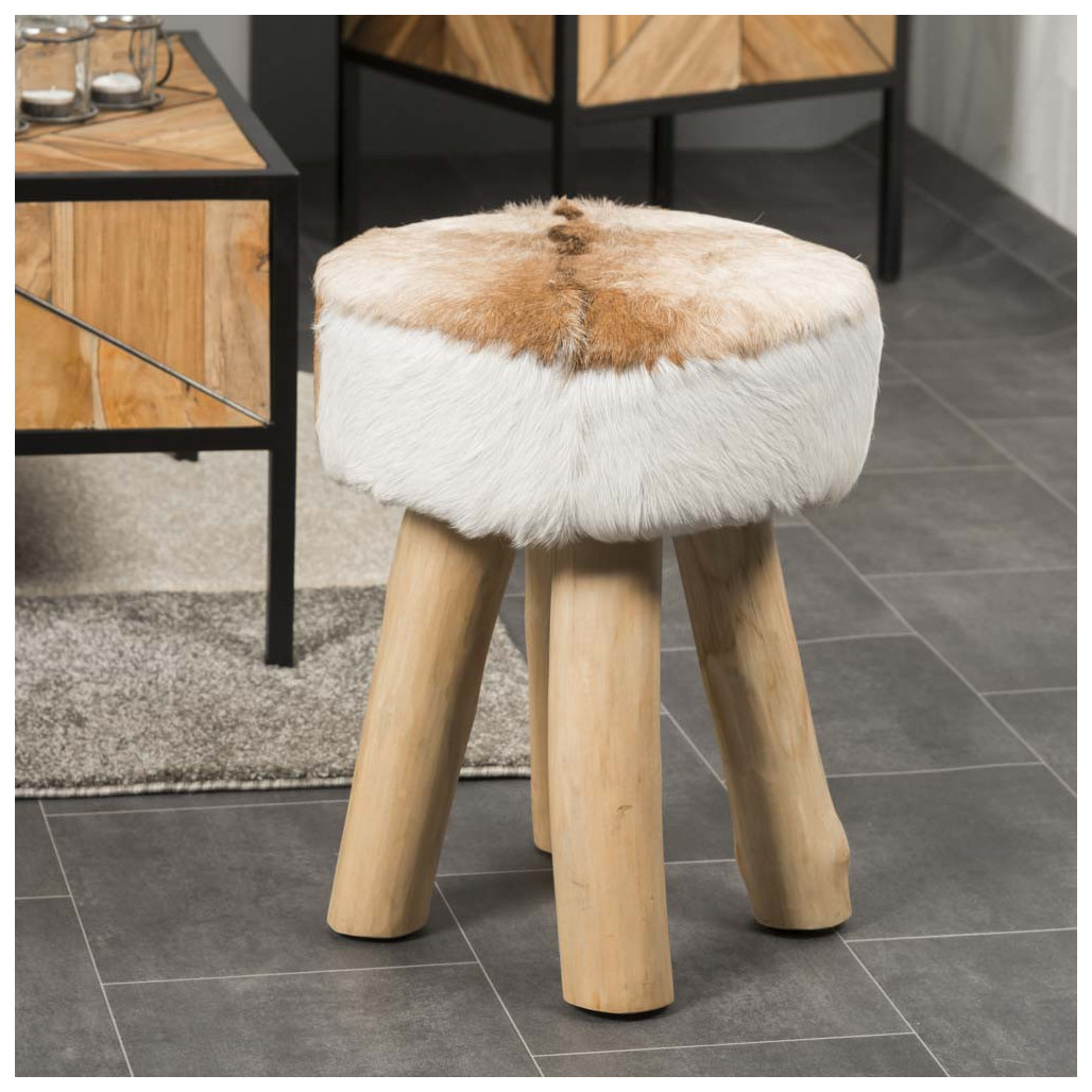 Taburete : Taburete redondo, teca, piel de cabra, LODGE Taburete : Taburete redondo, teca, piel de cabra, LODGE
