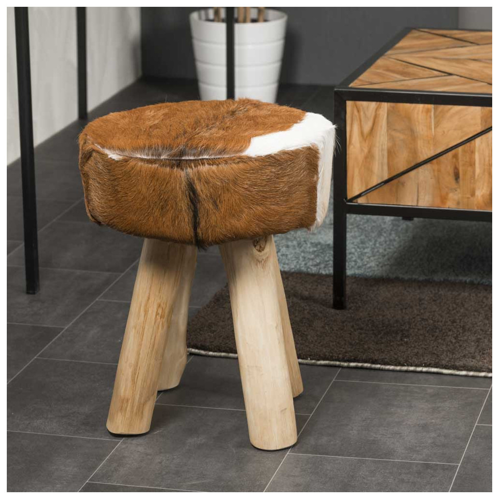Taburete : Taburete redondo, teca, piel de cabra, LODGE Taburete : Taburete redondo, teca, piel de cabra, LODGE