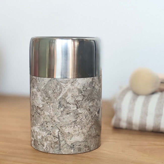 Vaso para cuarto de baño de mármol y acero inoxidable gris