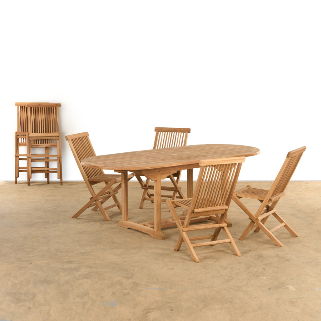 Conjunto de jardín de teca maciza mesa oval extensible y 6 sillas plegables Conjunto de jardín de teca maciza mesa oval extensible y 6 sillas plegables