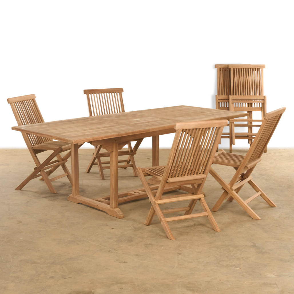 Conjunto de mesa de jardín extensible y 6 sillas plegables en teca maciza