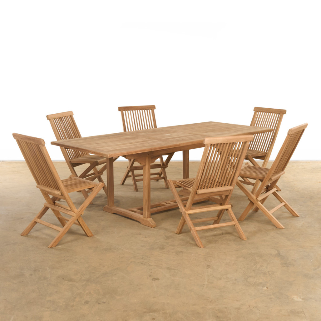 Conjunto de mesa de jardín extensible y 6 sillas plegables en teca maciza