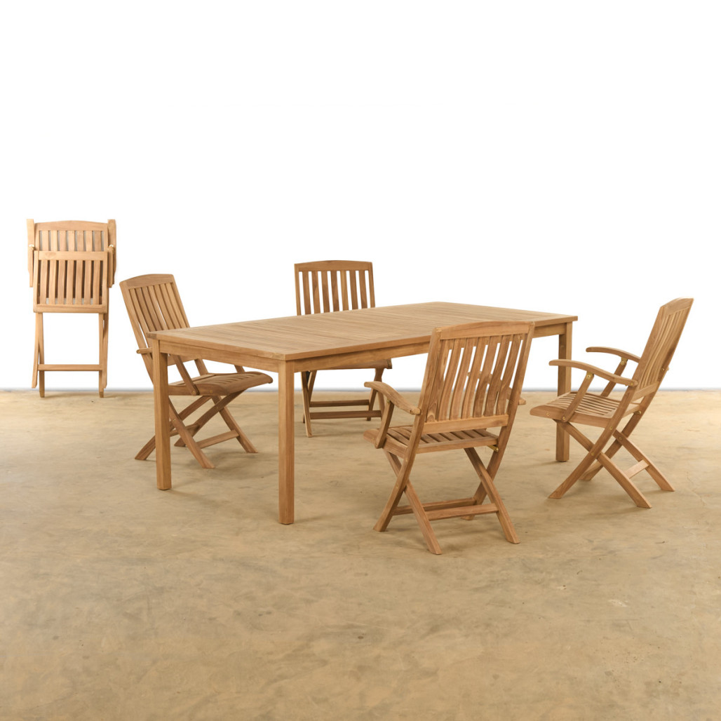 Conjunto de mesa de jardín y 4 sillas plegables en teca maciza
