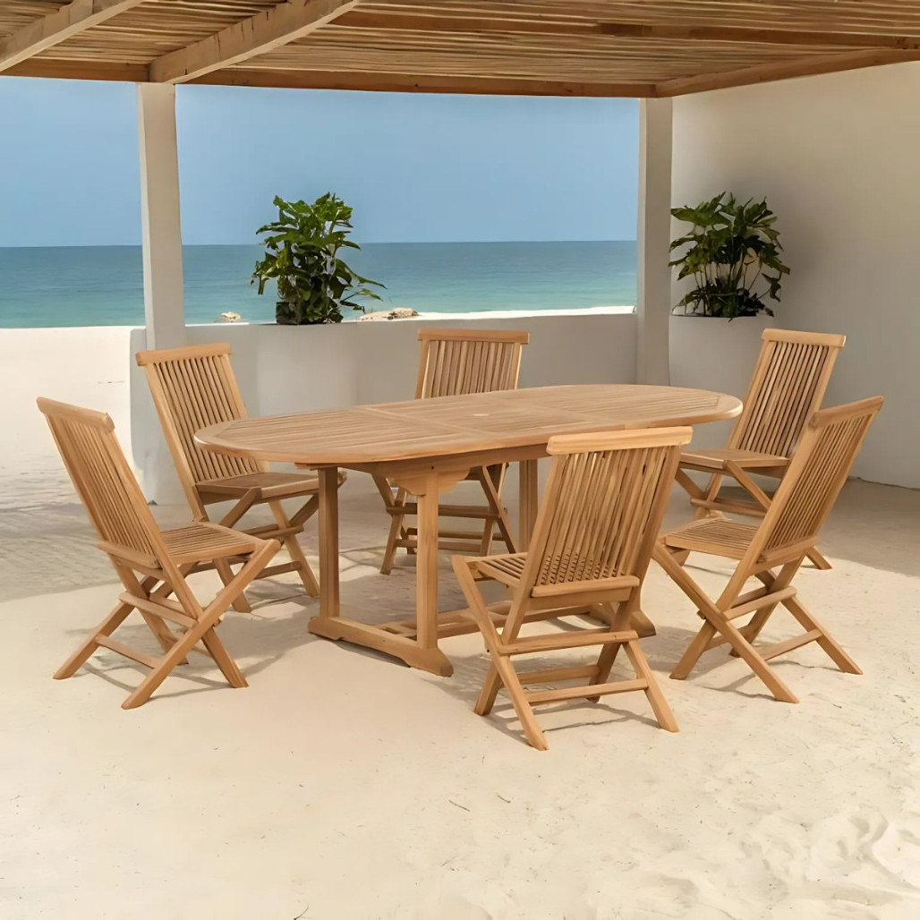 Conjunto de jardín de teca maciza mesa oval extensible y 6 sillas plegables