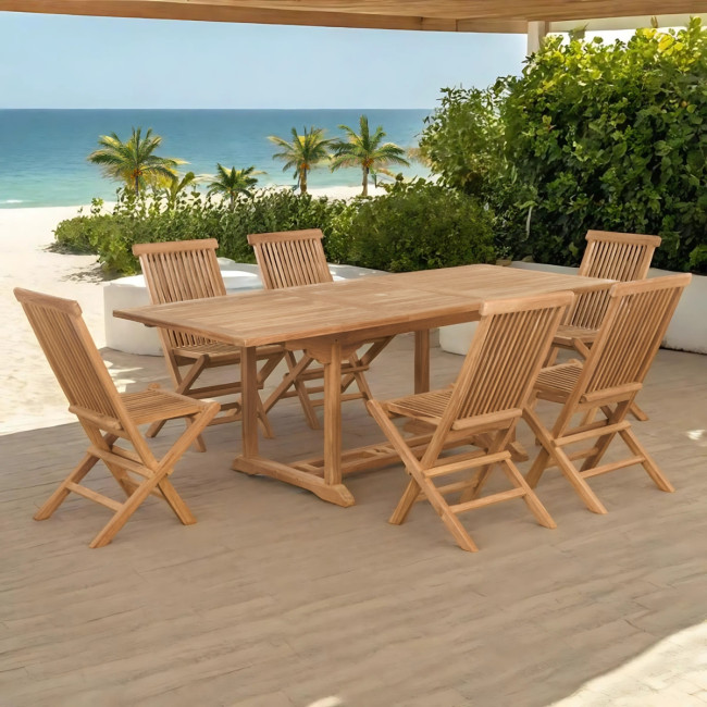 Conjunto de mesa de jardín extensible y 6 sillas plegables en teca maciza
