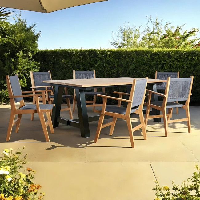 Conjunto Mesa y Sillas de jardín en teca y cuerda gris oscuro - Wanda Collection