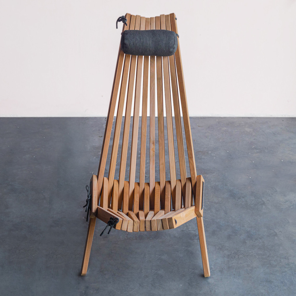 Silla de jardín de teca con cojín y reposacabezas gris | Wanda Collection