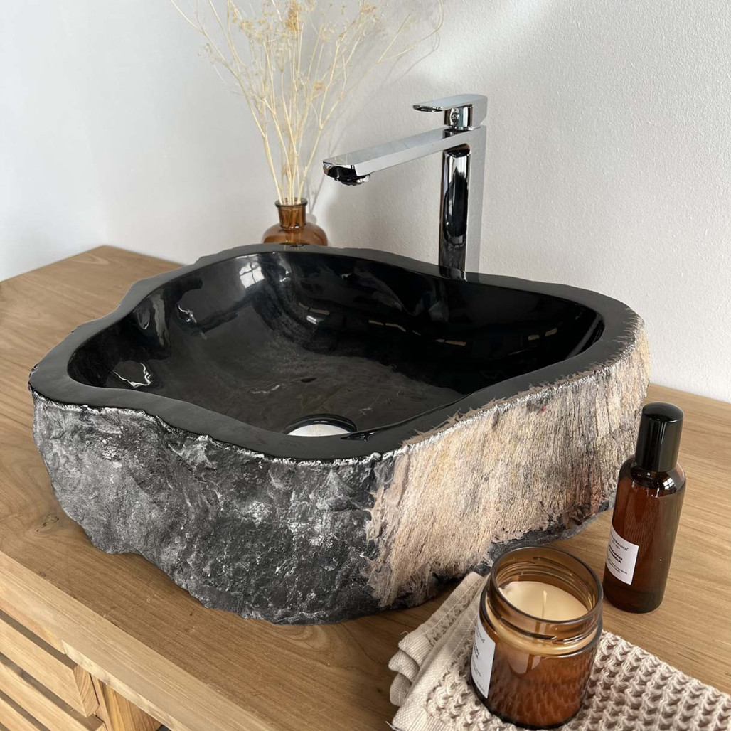 Lavabo de madera : Lavabo sobre encimera de madera, fosilizada, 65 cm Lavabo de madera : Lavabo sobre encimera de madera, fosilizada, 65 cm