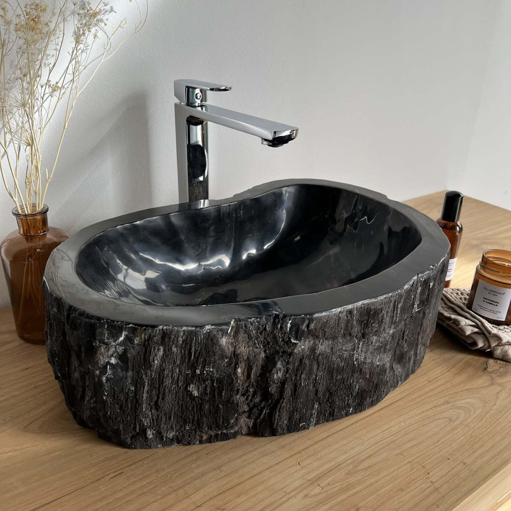 Lavabo de madera : Lavabo sobre encimera de madera, fosilizada, 65 cm Lavabo de madera : Lavabo sobre encimera de madera, fosilizada, 65 cm