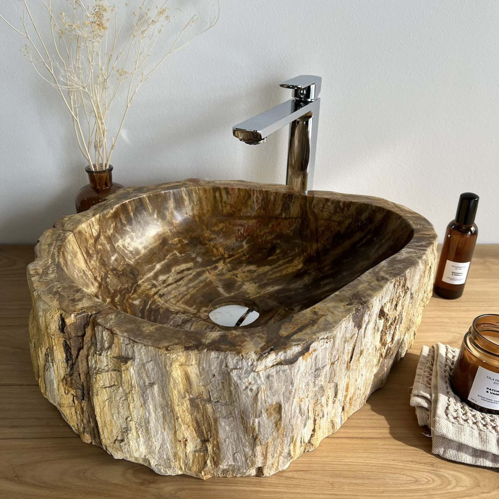 Lavabo: lavabo encimera, madera petrificada fosilizada, ancho: 49 cm x fondo: 43 cm x alto: 14 cm Lavabo: lavabo encimera, madera petrificada fosilizada, ancho: 49 cm x fondo: 43 cm x alto: 14 cm