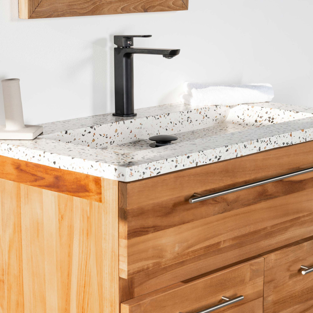 Mueble de baño de teca y terrazo crema Bagster 80 cm - Cuarto de baño - Wanda collection