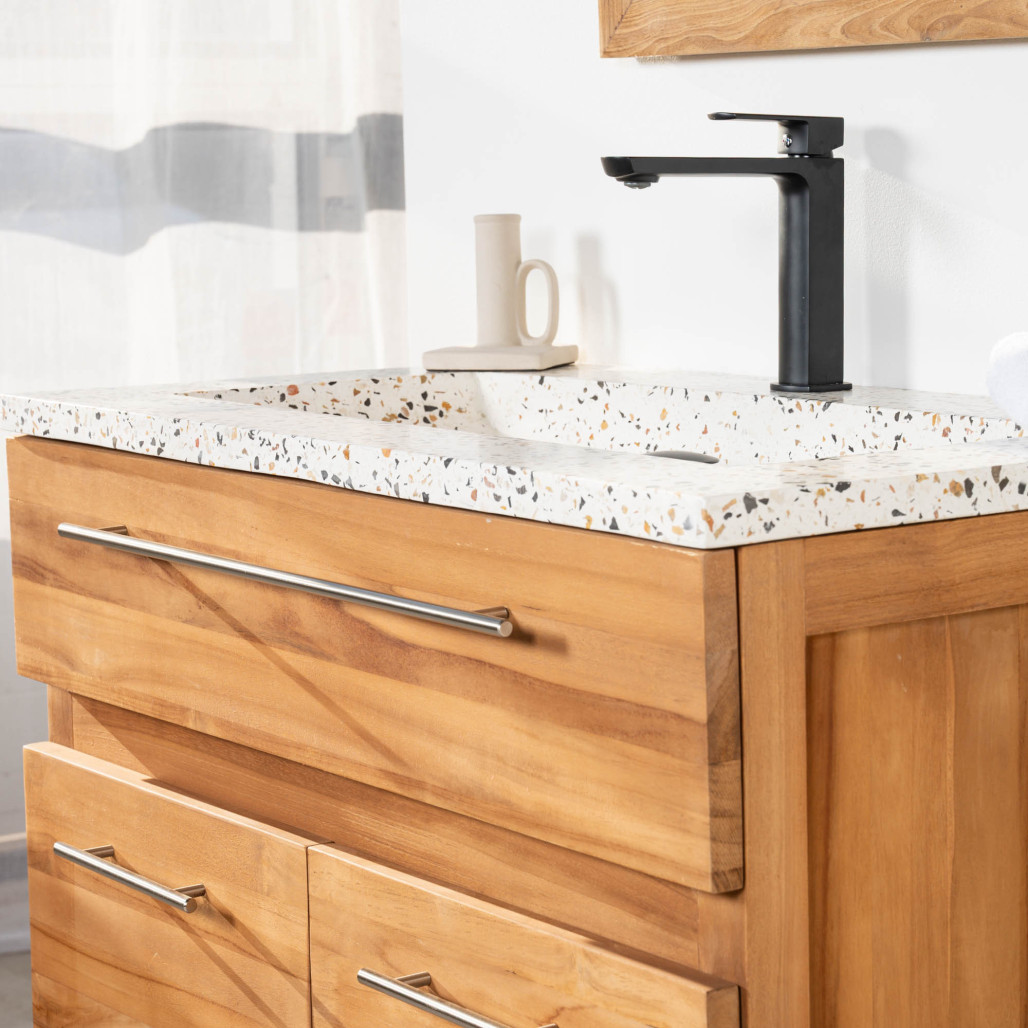 Mueble de baño de teca y terrazo crema Bagster 80 cm - Cuarto de baño - Wanda collection