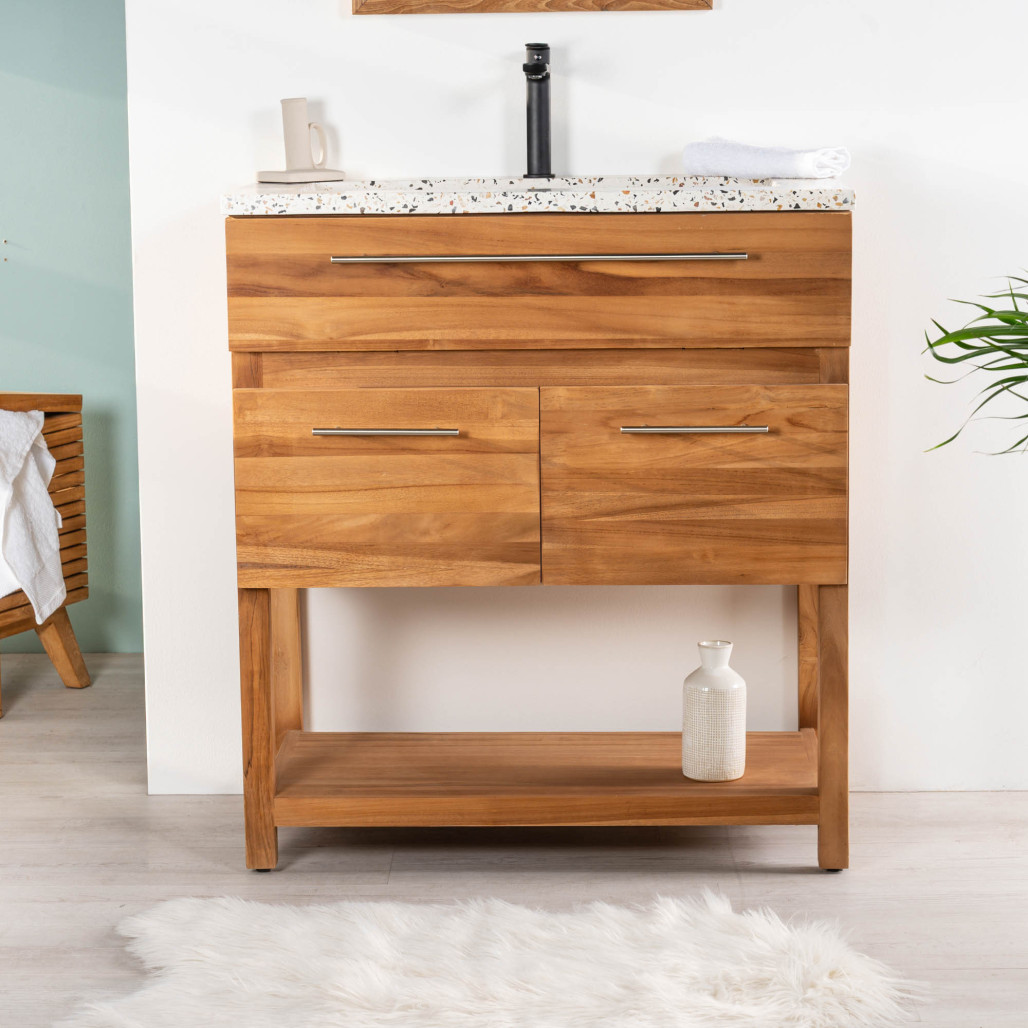 Mueble de baño de teca y terrazo crema Bagster 80 cm - Cuarto de baño - Wanda collection