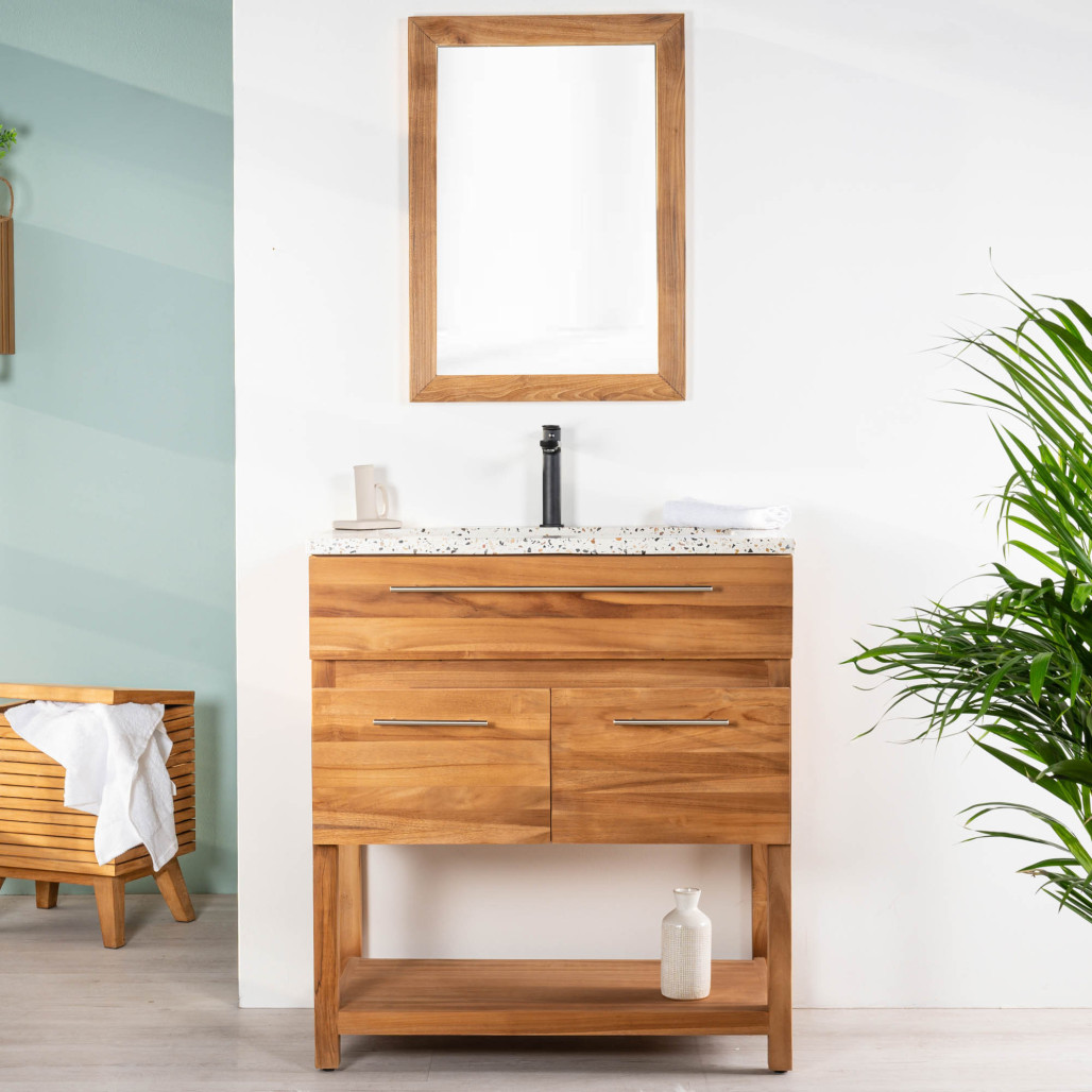 Mueble de baño de teca y terrazo crema Bagster 80 cm - Cuarto de baño - Wanda collection