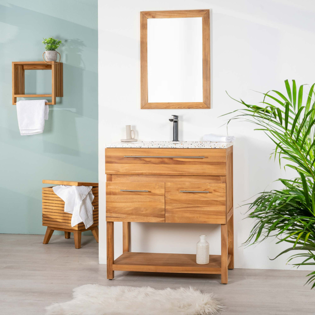 Mueble de baño de teca y terrazo crema Bagster 80 cm - Cuarto de baño - Wanda collection